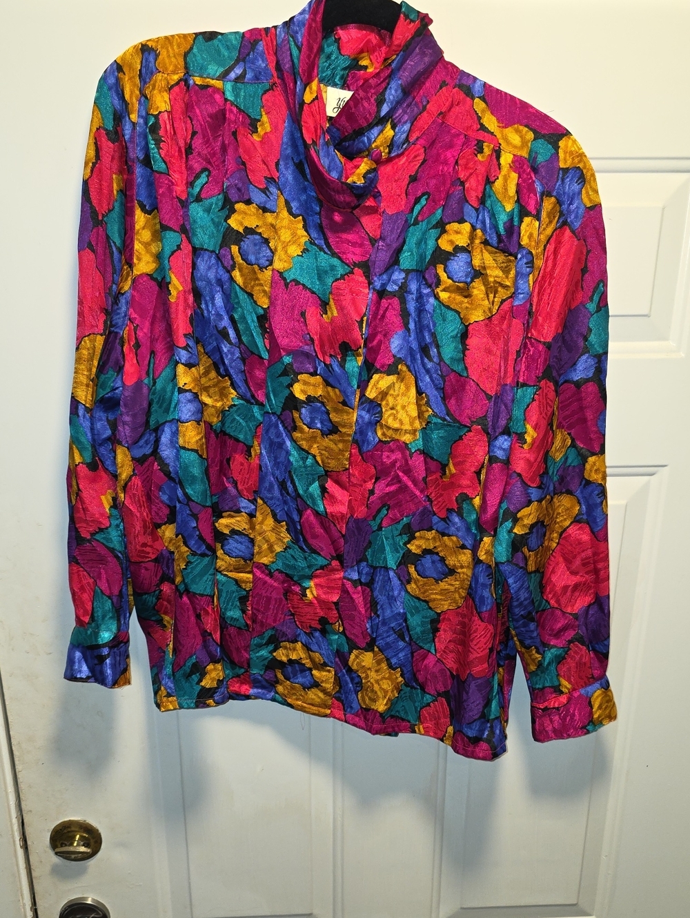Yves St. Clair Bright Pink, Purple, Teal & Gold Floral Cowl Neck Blouse